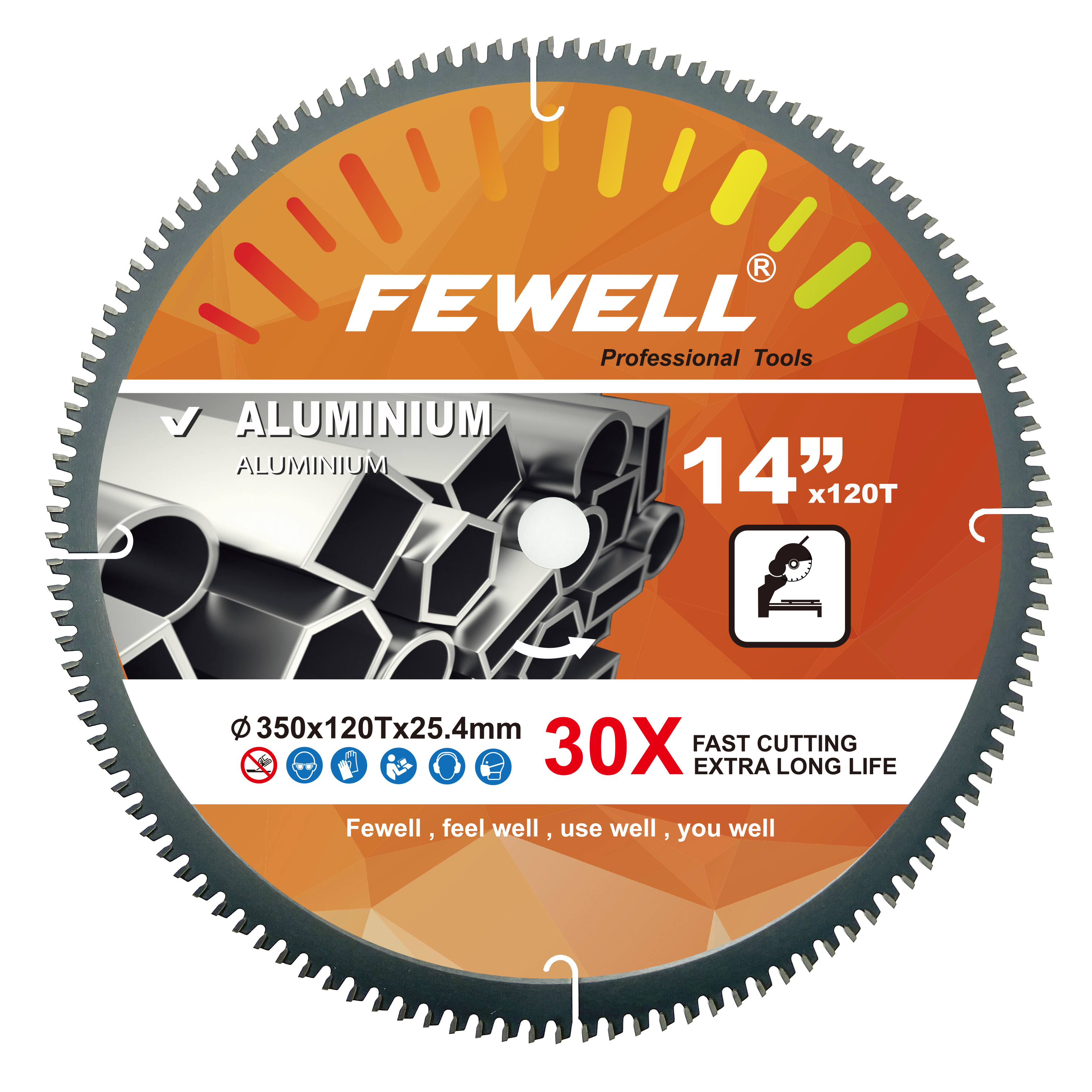 Hoja de sierra circular tct de 14 pulgadas, 350*120T*25,4mm, marca Fewell de grado Premium para cortar aluminio